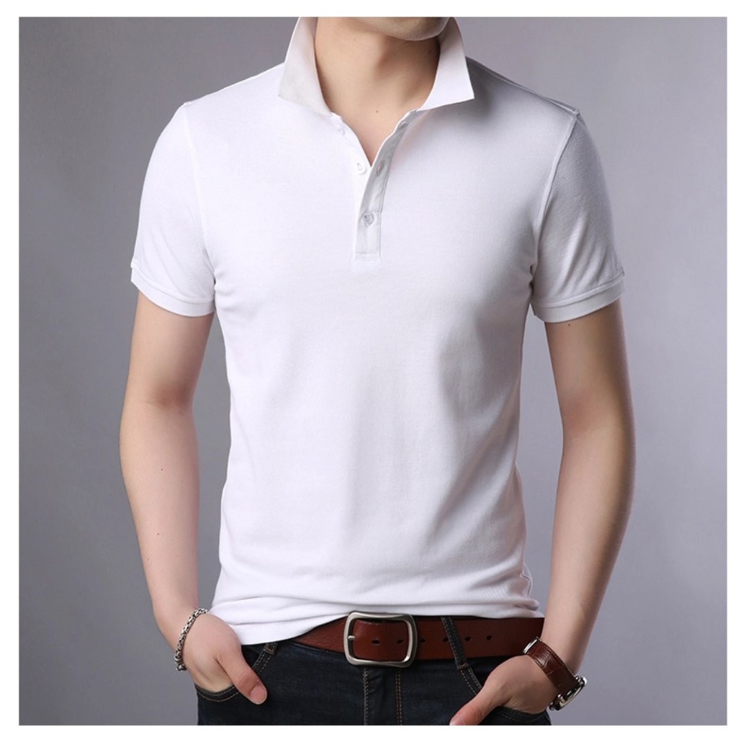 A close-up of a man wearing a white polo shirt with a collar, featuring a three-button placket and a fitted design. The shirt offers a classic, casual look.