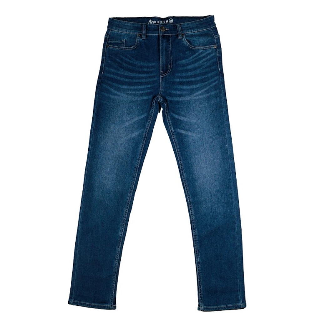 Dark blue slim fit jeans with front button closure, five-pocket styling, and stretchable fabric, offering a modern and comfortable look for casual wear.