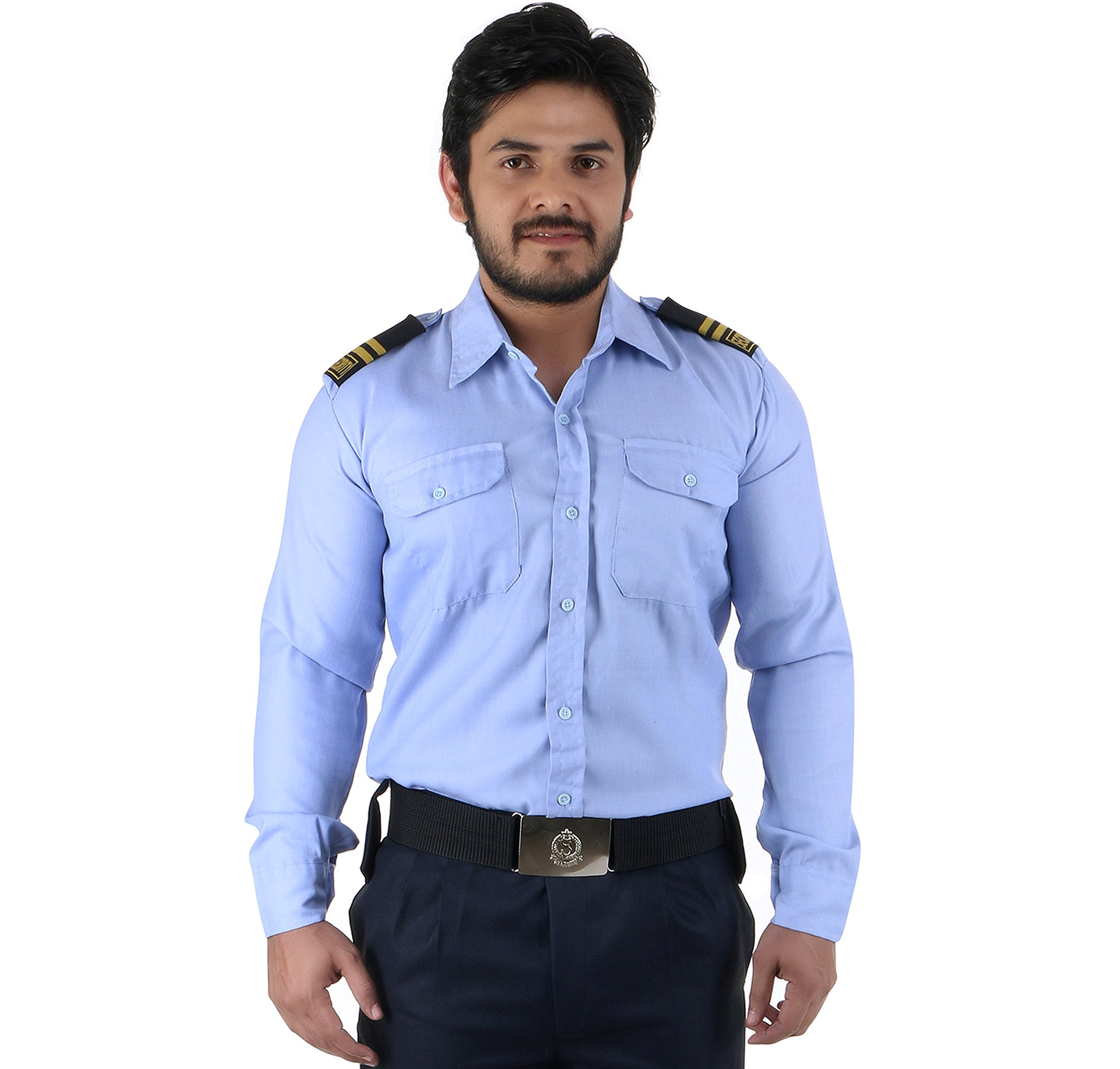 A man wearing a light blue uniform shirt with epaulets on the shoulders, a collar, and two chest pockets, paired with dark trousers and a belt, commonly worn.