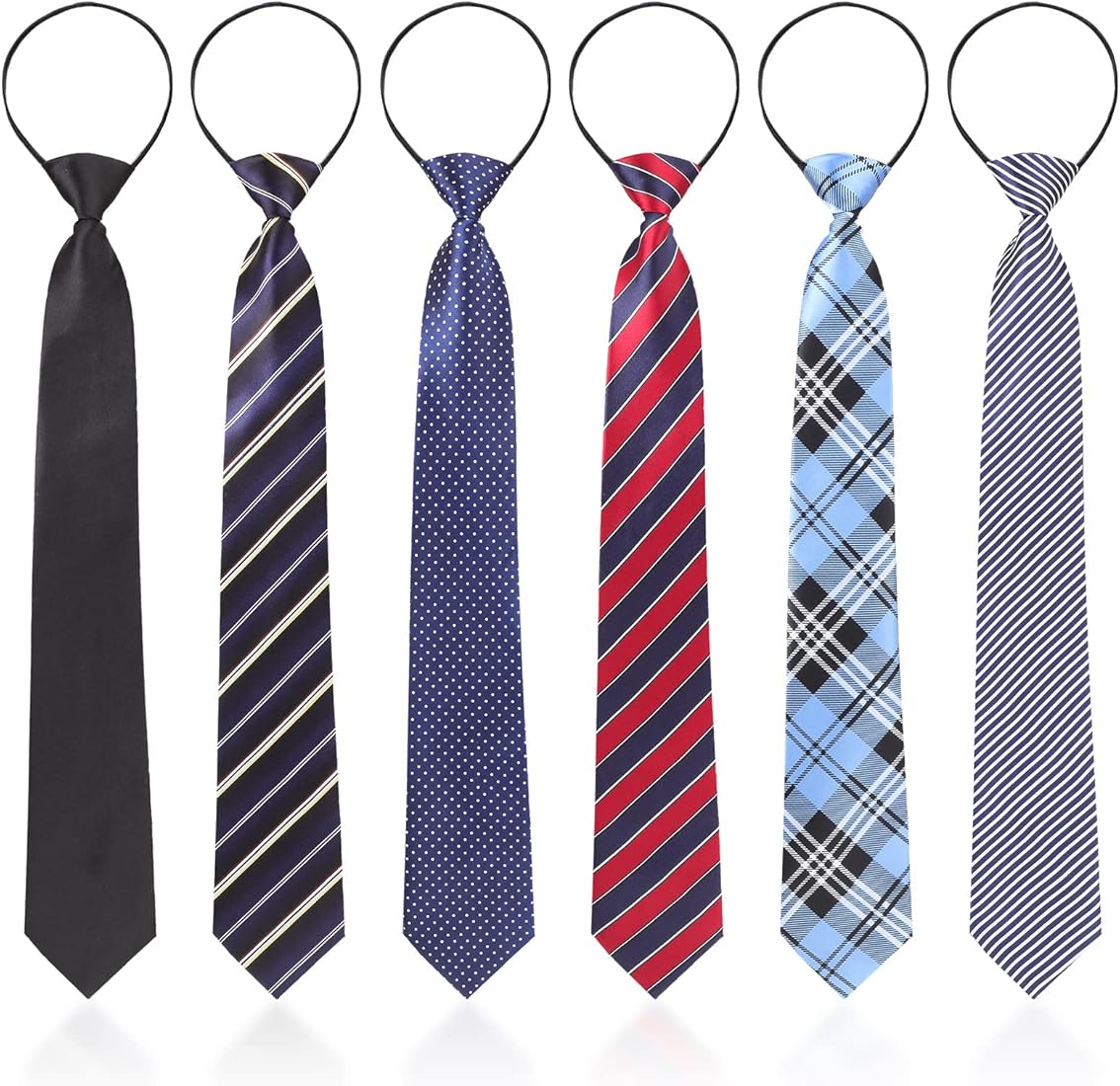 Set of six pre-tied neckties with elastic bands in assorted colors and patterns, including solid black, stripes, polka dots, and checks, suitable for school uniforms, office, or formal occasions.