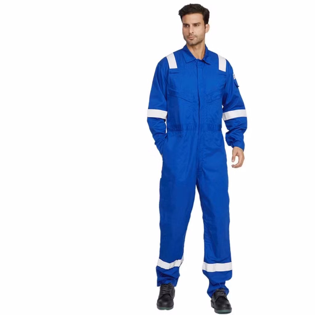 A man wearing a blue work jumpsuit with white reflective stripes on the shoulders and legs, designed for safety and durability in industrial or work settings. The jumpsuit features a full-length zipper and pockets.