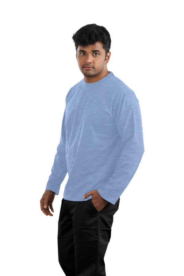 Man wearing Light Blue full sleeve round neck t-shirt with black pants – Casual Wear for Men
