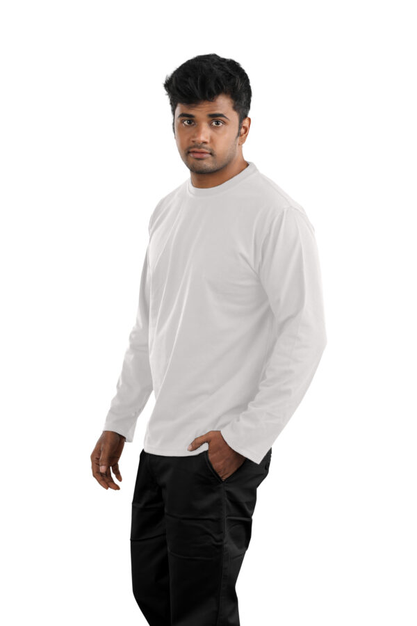 Man wearing white full sleeve round neck t-shirt with black pants –Casual Wear for Men