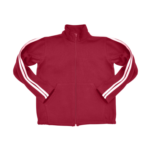Maroon fleece hoodie jacket with white double piping on the sleeves, displayed flat against a white background.