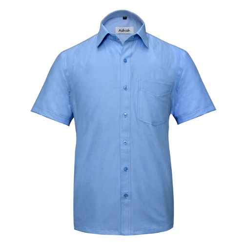 Front view of a men's blue full-sleeve Oxford shirt, suitable for formal and semi-formal occasions.