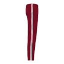 Maroon track pants with white side stripes, slim fit design, and elastic waistband, ideal for sports and casual wear.
