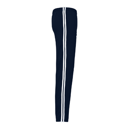 Black track pants with white side stripes, slim fit design, and elastic waistband, ideal for sports and casual wear.