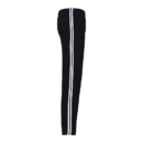 Black track pants with white side stripes, slim fit design, and elastic waistband, ideal for sports and casual wear.