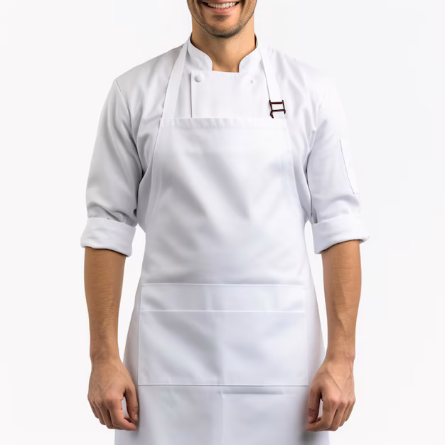 White apron with pockets, commonly worn by chefs for comfort and protection while cooking.