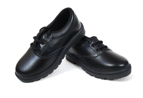 Pair of black lace-up school shoes for kids with durable soles and stitched detailing, designed for comfort and daily school wear.