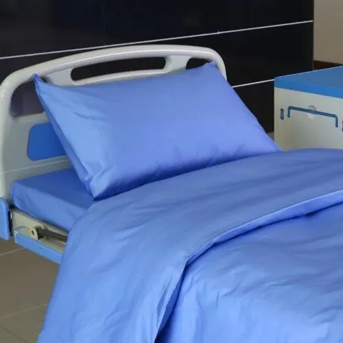 Blue pillow and bedsheet on a hospital bed with adjustable railing