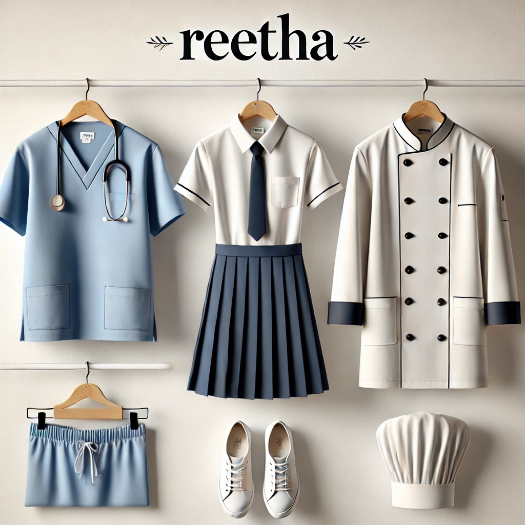 Display of various professional uniforms including medical scrubs, a school uniform, a chef coat, shorts, sneakers, and a chef hat under the brand name 'Reetha'