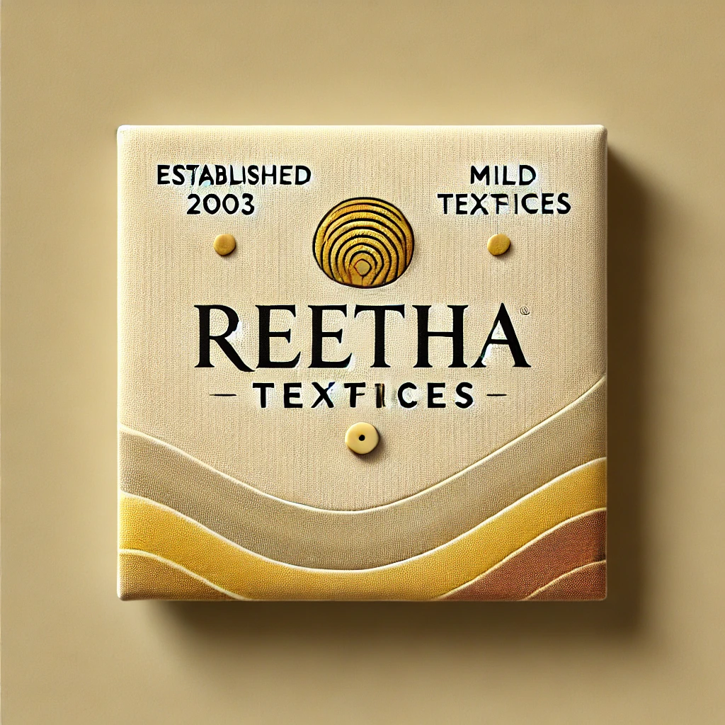 Reetha Textiles logo on a textured fabric background with wave patterns, established in 2003.