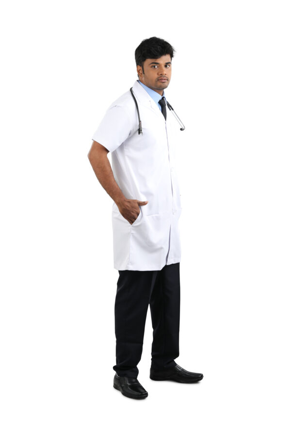 Professional white lab coat for male healthcare workers, made of durable cotton fabric.