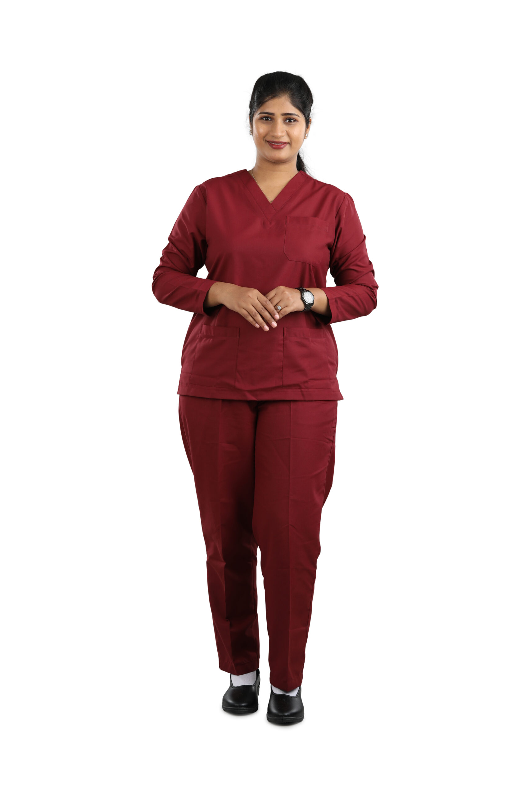 Red full sleeve scrub suit with V-neck top, chest pocket, and matching pants, designed for medical professionals for comfort, flexibility, and all-day wear.