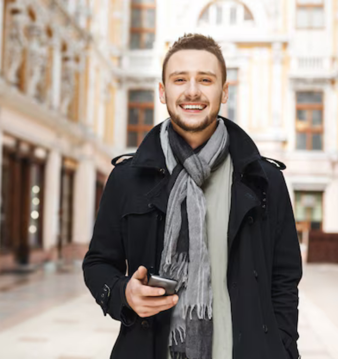 Smiling man in a black coat and gray scarf holding a smartphone while standing on a city street.