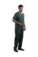 scrub suit manufacturer in India Green full sleeve medical scrubs with V-neck top, chest pocket, and matching pants, designed for medical professionals for comfort, flexibility, and all-day wear.