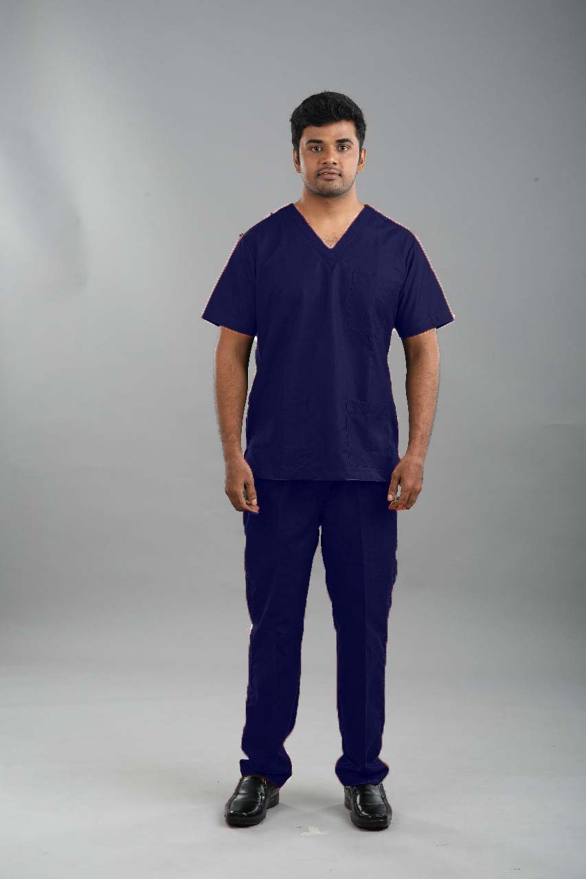 Front view of 3XL navy blue full sleeve scrub suit by Quintus