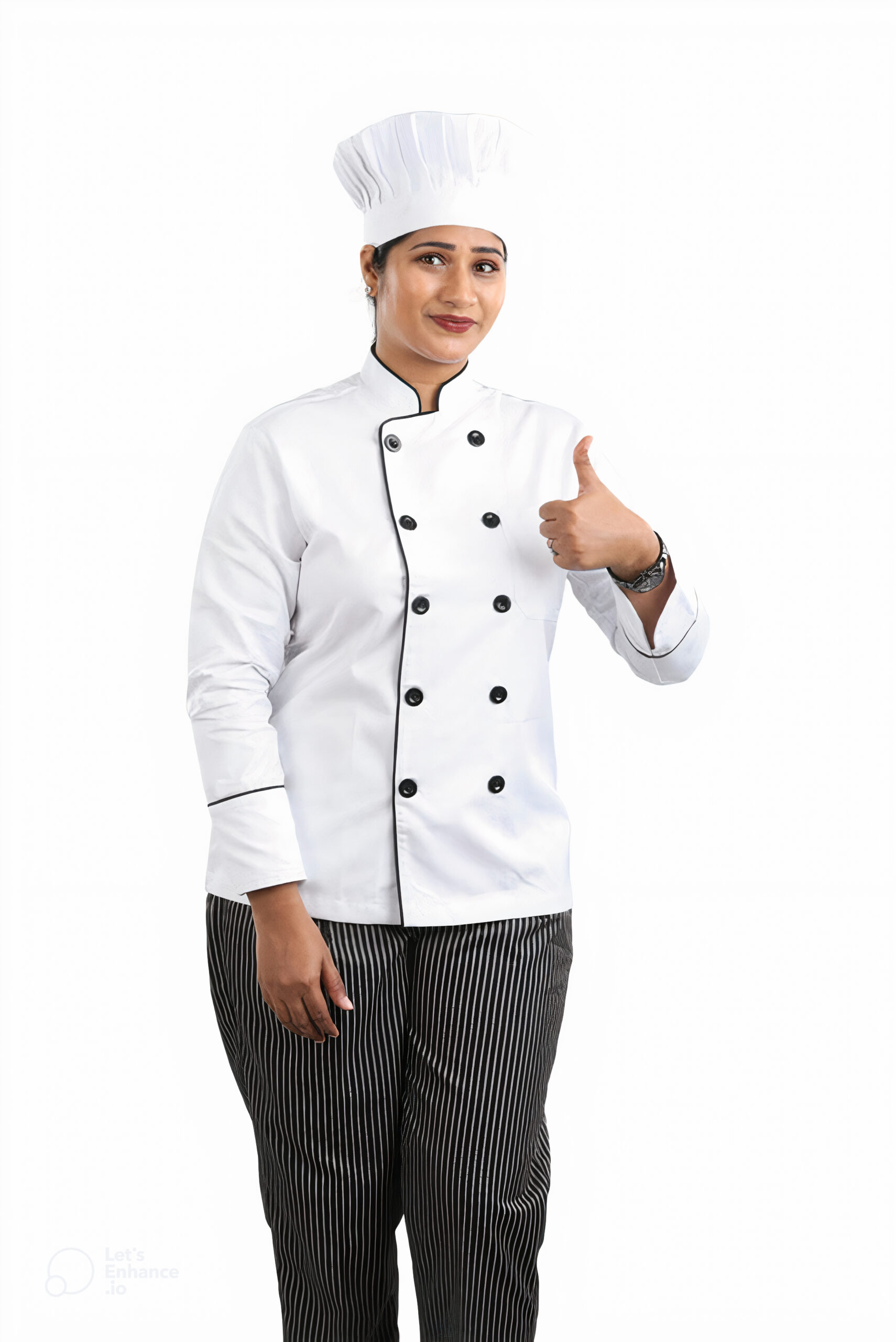 Chef jacket with white border trim and large black buttons