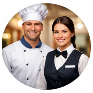 Professional chef and hospitality staff wearing premium restaurant uniforms by Reetha Tex
