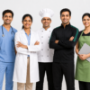 Indian professionals wearing different uniforms including business suit, medical scrubs, doctor coat, chef uniform, hospitality apron and workwear standing together