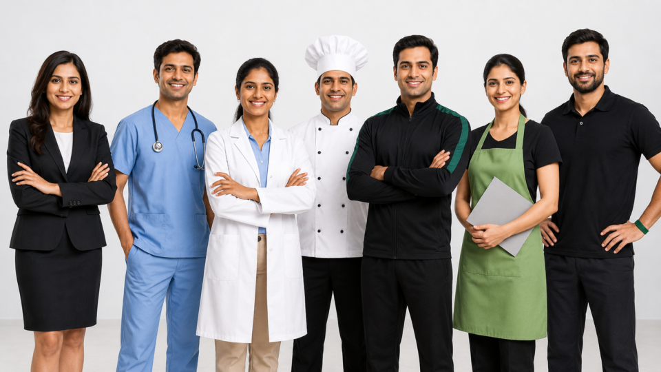 Indian professionals wearing different uniforms including business suit, medical scrubs, doctor coat, chef uniform, hospitality apron and workwear standing together