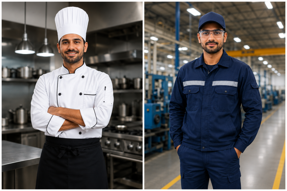 Professional chef and industrial worker wearing premium-quality uniforms, showcasing Reethatex's hospitality and industrial workwear solutions.