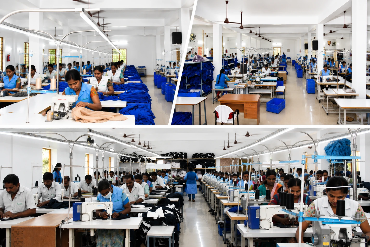 Garment manufacturing factory floor collage showing tailors and workers operating sewing machines at Reethatex Uniforms