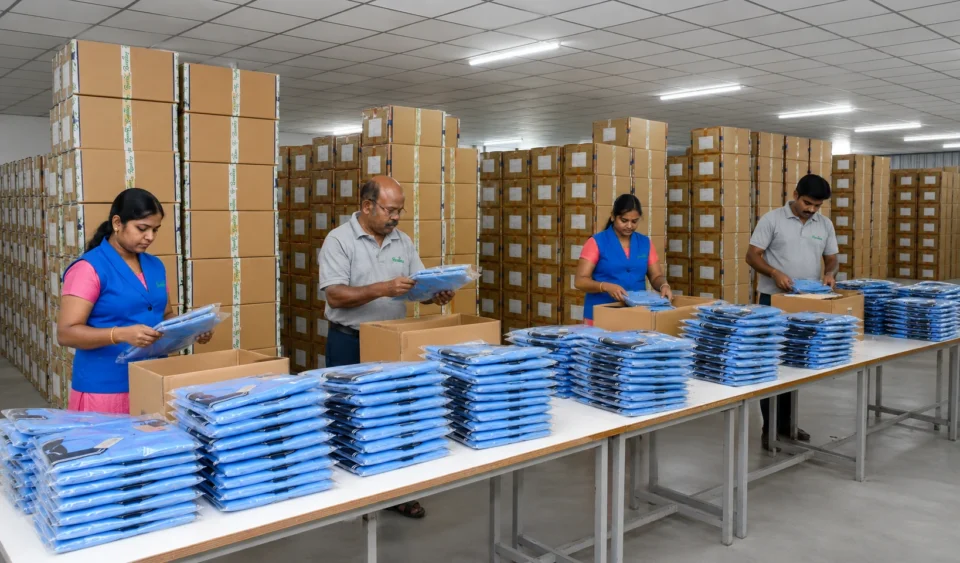 Reethatex uniform manufacturing unit packing department workers folding and boxing uniforms