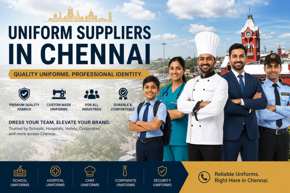 Reetha Tex uniform suppliers in Chennai providing school, hospital, chef, corporate, and security uniforms with Chennai Central Railway Station background.