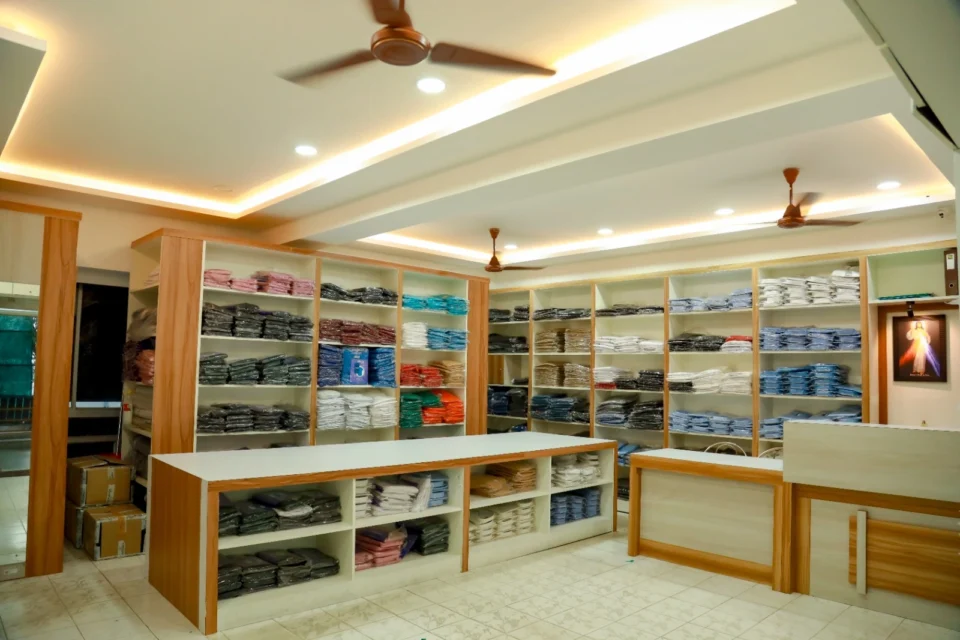 Reethatex uniform showroom interior in Trivandrum with wooden display shelves and central storage counter