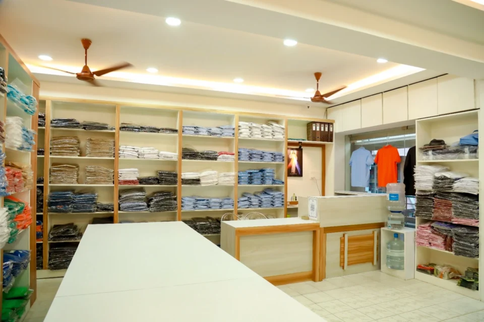 Bright interior view of Reethatex uniform showroom in Trivandrum with white display counter and stocked fabric shelves