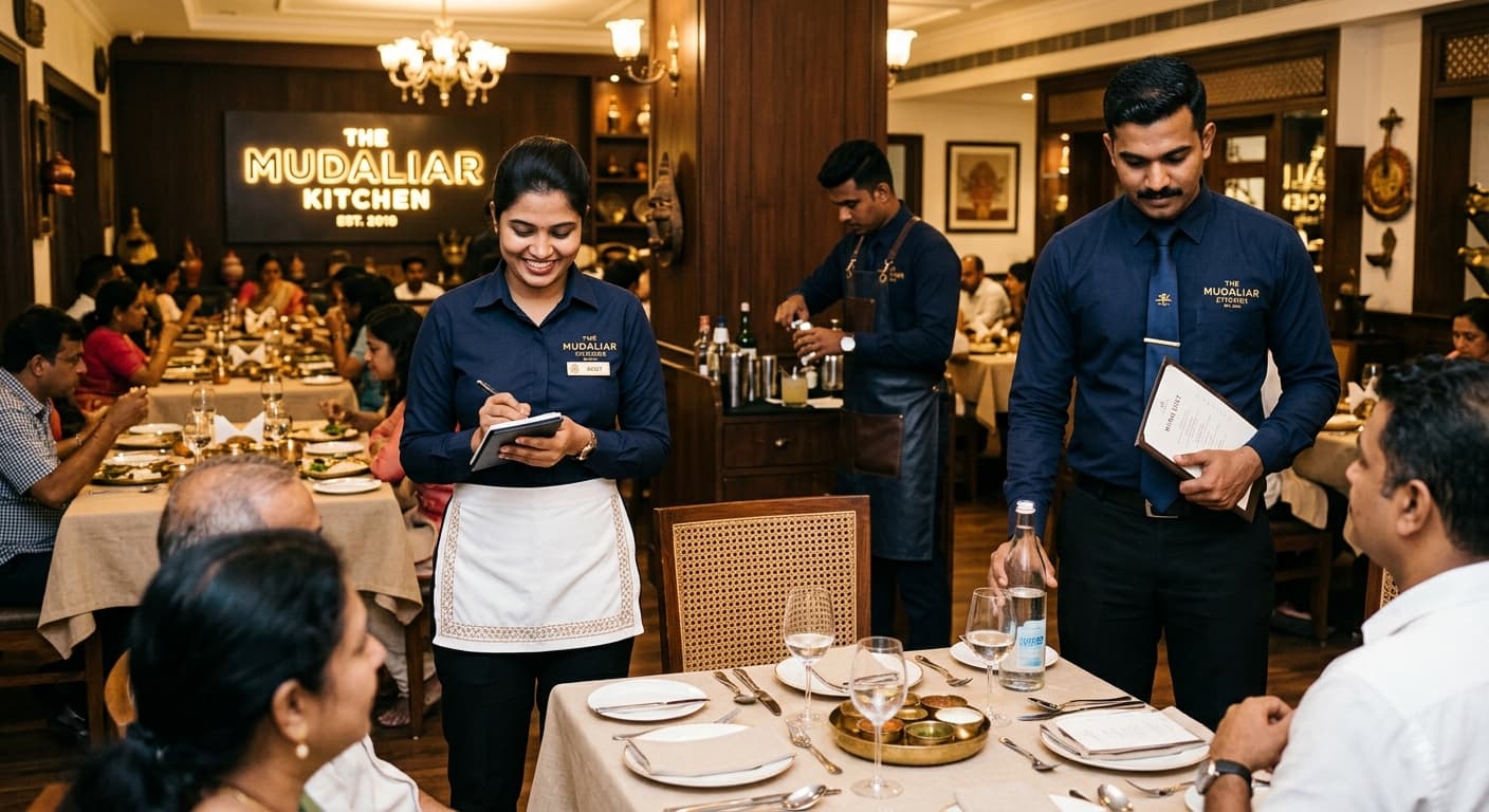 A male and female restaurant server wearing crisp navy blue uniforms and white aprons attentively serving guests in a modern, warm-lit dining room in Kochi.