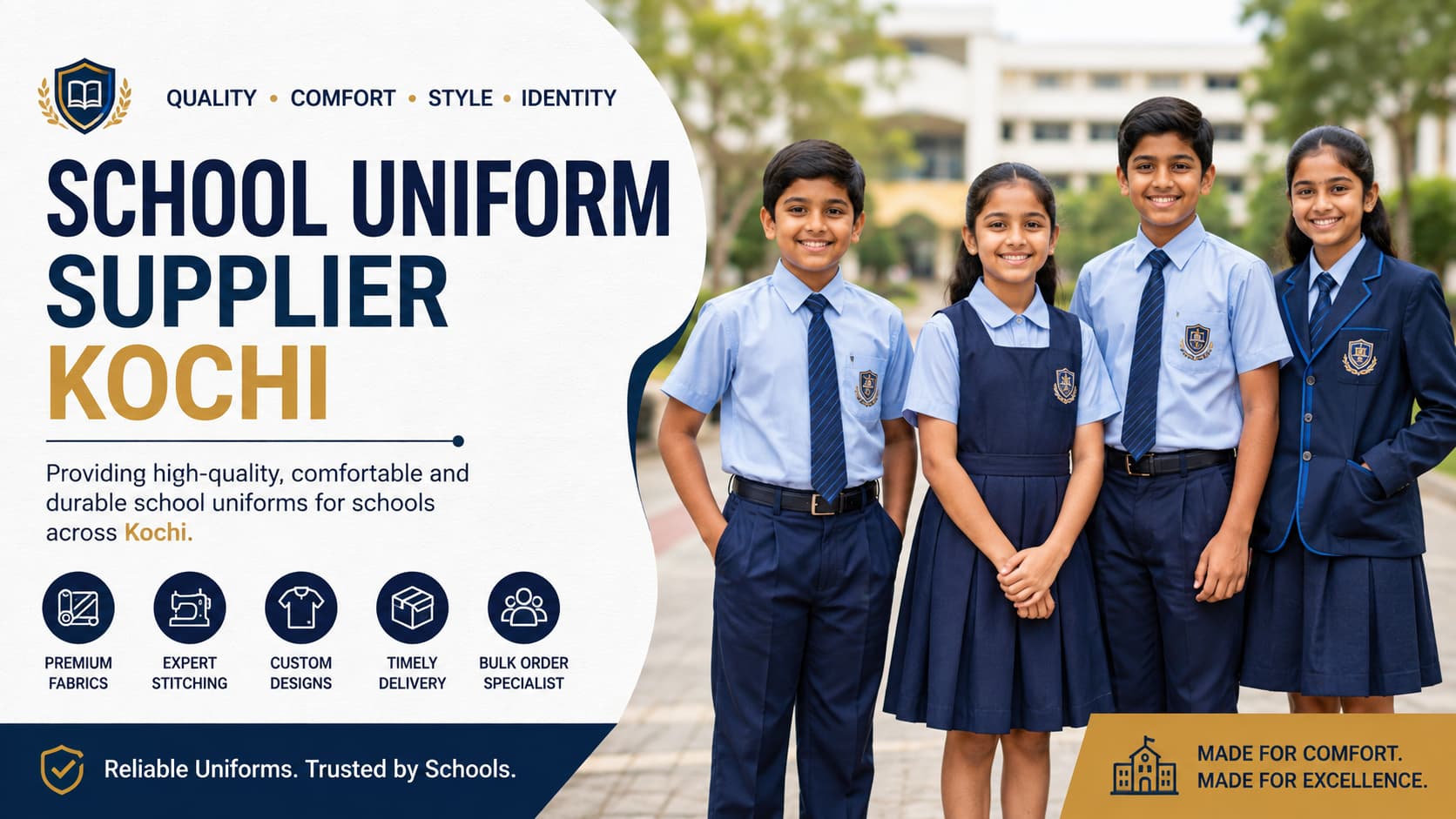 School uniform supplier in Kochi offering quality school uniforms for students, including shirts, trousers, skirts, pinafores, sports uniforms, and accessories.